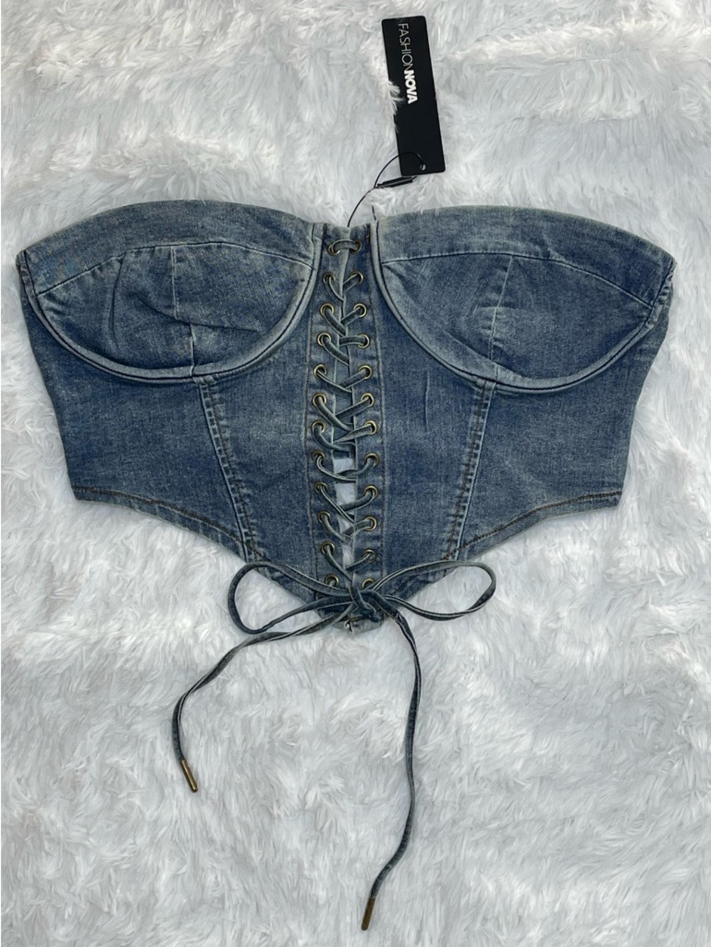 Fashion Nova Women’s MediumWash Denim Lace-Up Corset Crop Top Size XL NWT - Picture 10 of 10